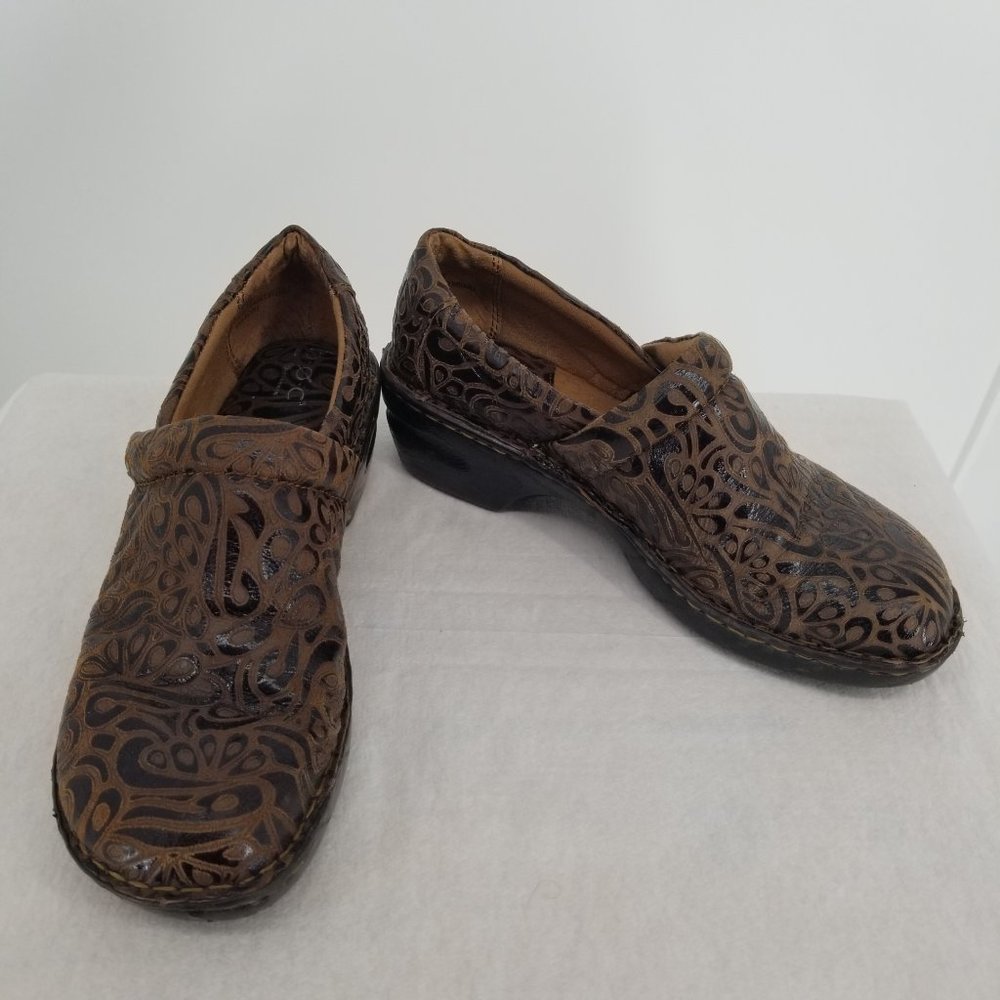 Stamped Leather Clogs, Brown, 10